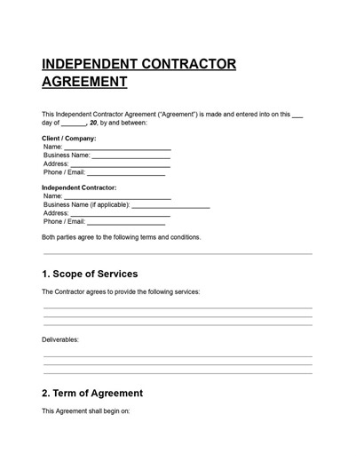 Independent Contractor Agreement Template DOC & PDF, Freelance Contract Form Download - Etsy