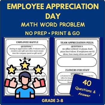 Employee Appreciation Day Math Word Problems | Grades 3–8 | 40 Printable Sheets