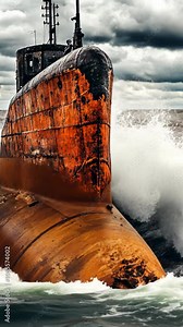 The stern of a large, rusty submarine is shown cutting through powerful ocean waves