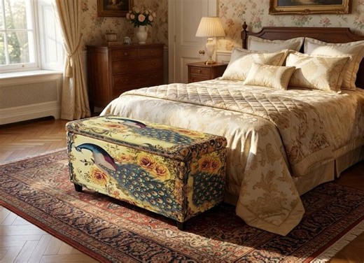 Peacock Print Storage Ottoman Bench – Vintage Shabby Chic Upholstered Trunk With Lid – Romantic Bedroom or Entryway Organizer Seat, M-229 - Etsy