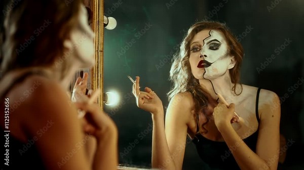 Attractive professional actress doing makeup and smoking in dressing room. Split personality and inner struggle, be yourself or another person for social acceptance, natural beauty and art makeup