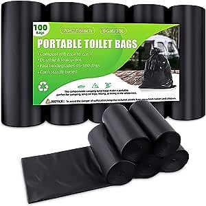 100 Portable Toilet Bags, 8 Gallon Biodegradable Toilet Waste Bags, Used for Camping, Hiking, Outdoor Emergency Toilet Liner.