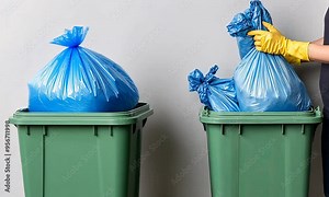 A person wearing yellow gloves is placing blue garbage bags into a green waste bin at home, demonstrating proper waste disposal practices in a simple household setting