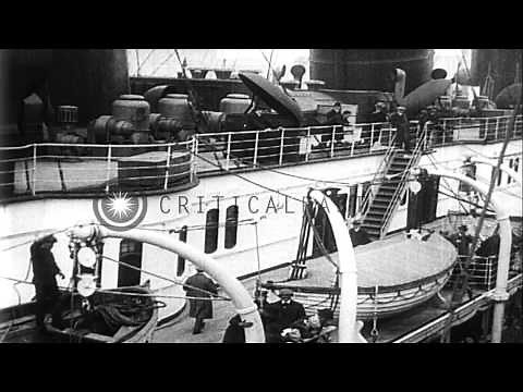 RMS Lusitania on her final departure from New York City, during World War I. HD Stock Footage