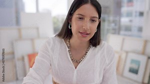 Woman thinking, idea and art studio with a female artist brainstorming painting ideas. Gallery curator, museum worker and creative management employee think about artwork placement in workshop