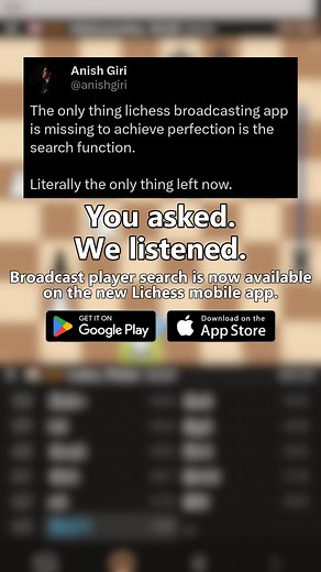 4.2K views · 44 reactions | Broadcast player searching is now on the Lichess mobile app! Look for your favourite chess player's game using the search bar on top of the boards page. | lichess.org | Facebook