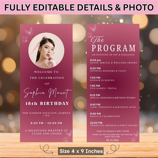 Soft Pink 18th Birthday Program Template, Elegant Event Schedule (digital Download) - Etsy