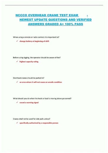 NCCCO OVERHEAD CRANE TEST EXAM NEWEST UPDATE QUESTIONS AND VERIFIED ANSWERS GRADED A 100 PASS1940 ne