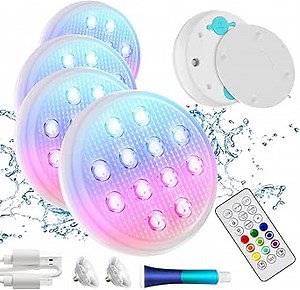 Pool Lights, Upgraded Rechargeable Submersible LED Lights with Remote, IP68 Waterproof 16 Color Floating Light with Magnet, Pool Light for Above Ground Inground Pools,Hot Tub, Bath 4 Pack