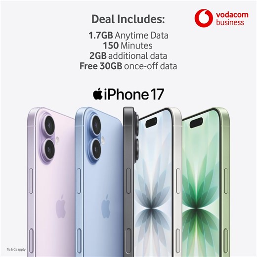 iPhone 17. A faster way to manage your workday. Brighter 6.3inch ProMotion display, durable Ceramic Shield 2, faster A19 chip and all-day battery life. Apply now | Vodacom