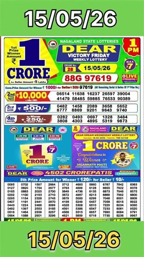 Dear Lottery result 1pm🟢 Today 15/05/2026🗓#DearLottery #NagalandLottery #1PMResult