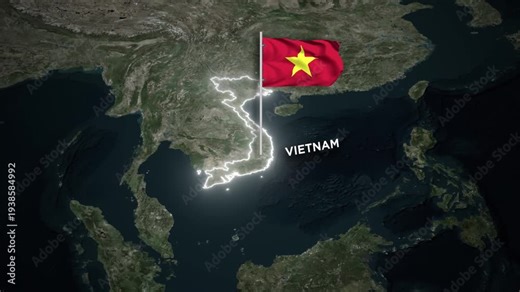 Vietnam Glowing Border Map Animation with 3D Waving of Vietnam National Flag on Satellite Map