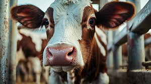 A close-up view of a brown and white cow looking directly at the camera, captured in a barn on a cloudy day