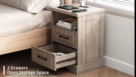 Farmhouse Nightstand Set of 2 with Charging Station, Rustic Wood Bedside Table with 2 Drawers and Storage Shelf, Night Stand with Type C, USB Ports and Outlets for Living Room, Bedroom White