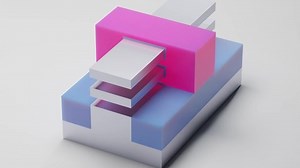 MBCFET (Nano sheet, nano ribbon) transistor 3D render model. It is used for advanced semiconductor chips at nano level. Pink - Gate, blue - Insulator, silver - Silicon substrate.