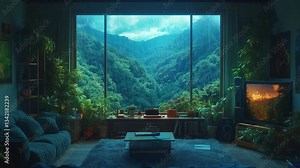 virtual backgrounds loop animation, stream overlay. cozy lo-fi living room in jungle, rain. live wallpaper, vtuber asset twitch zoom OBS screen, anime chill hip hop, 4k animation video