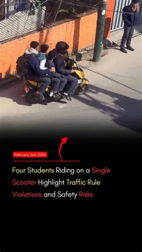 24 Ghanta Nepal on Instagram: "A video shows four students travelling on a single scooter, clearly violating traffic rules and putting their lives at serious risk. Such behavior endangers not only the riders but also other road users. Following traffic regulations is essential to prevent accidents and ensure public safety. #awareness #followtrafficrules"