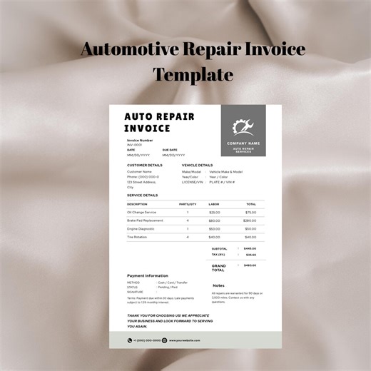 Automotive Service Invoice Template, Editable Auto Repair Bill, Garage Billing Form (instant Download) - Etsy