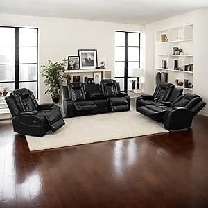 Multifunction Power Air Leather Recliner Sofa Set with LED Lights, Living Room Furniture, Reclining Sofa, loveseat, Chair with USB Port/Storage Console/Cup Holders (Black, 3 Pieces)