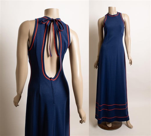 Vintage 1970s Halter Tie Maxi Dress - Dark Navy Blue Red Stitch Deep Open Back Keyhole Sleeveless Knit Floor Length 70s Contrast Striped S - Etsy