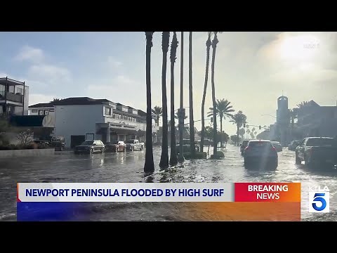 High surf floods Newport Beach as Tropical Storm Rachel-driven waves pound coast