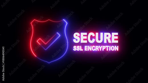 glowing neon Secure SSL Encryption Shield Icons isolated on black Background. Secure connection icon, flat style secured SSL shield symbols. SSL secure icons animation. 4k video animation.