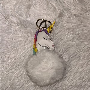 Unicorn Pom Pom Keychain - White and Multicolor