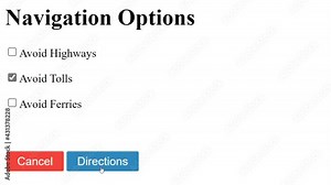 Mouse Cursor Slides Over And Clicks Avoid Tolls and Get Directions on GPS Navigation Option Web Page. Device Screen View of Cursor Clicking Get Driving Direction Without Fee, Charge, Tariff, or Levy.