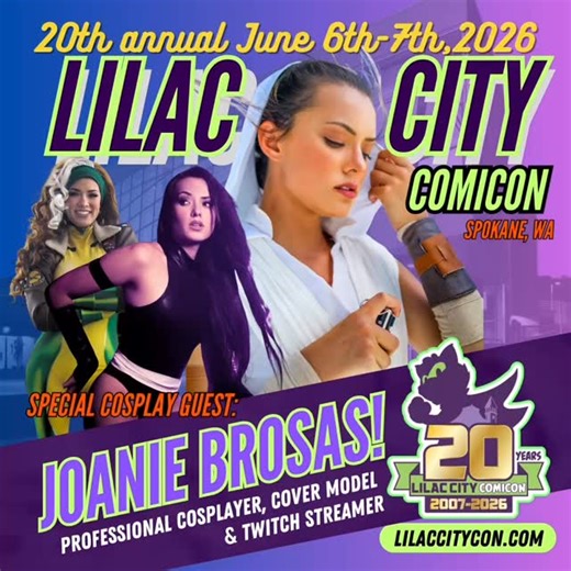 🔥We are excited to welcome back Special Cosplay Guest Joanie Brosas to the 20th Annual Lilac City Comicon this June 6-7, 2026 in Spokane, WA!🔥 . “Joanie Brosas is known for her Cosplay and modeling career that started in 2011 at a little Star Trek convention in San Francisco. Her unique career choice has opened many magical doors for her, including Voice Acting, Streaming, and even Singing projects! ​ Her career highlights include: the voice of Arcana Thrice in The Oracle of Outer Space, the v