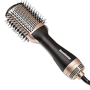 Beautimeter Blow Dryer Brush, Hot Air Brush One Step Hair Dryer and Styler Volumizer, 4 in 1 Negative Ionic Hair Styler with Oval Barrel for Smooth, Frizz-Free Hair Types, Black & Gold