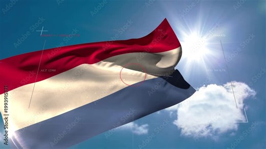 Tricolor flag rippling from gusting wind, catching sunlight and showing highlights, HUD fixed