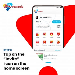 Invite your family and friends to join Go Rewards and earn up to 500 points with them!* 📲 Referring is easy! 🙌👌 1. Download the Go Rewards app on your smartphone. 2. Login or create an account. 3. On the home screen, tap on the “Invite” icon and copy your referral code. 4. Invite your family and friends to download the app and to sign up using your referral code. 5. The more referrals you make the more rewards you’ll get! Promo will run from May 26, 2021 to July 12, 2021 *Incentive will only 