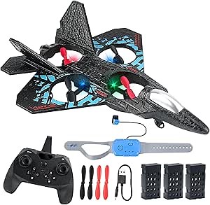 RC Plane Remote Control Airplane Toy 2025 New Remote Control Plane Fighter Jet 2-Way Remote Control Methods (Normal+Watch), 360° Flip Fighter Jet Toy, Gravity Sensing, Stunt Roll, Gifts for Kids Boys