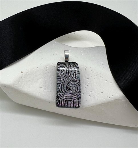 Handcrafted Dichroic Glass Pendant: Silver & Black Art Nouveau Design - Etsy