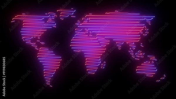 Neon line world map outline. Dynamic mapping of the contours of the world map. Digital Glitched flicker world Globe Earth Map Hologram.