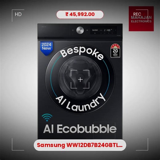 🌀 Tired of doing laundry over and over again? Introducing the Samsung WW12DB7B24GBTL 🌟—a sleek, black 12 kg, fully-automatic front load washing machine! With 5-star energy efficiency, AI Control for tailored washing, and Super Speed for quick cycles, it’s designed to make laundry day a breeze. 🧺✨ Enjoy the benefits of Hygiene Steam, an inbuilt heater, and a quiet digital inverter motor for ultimate comfort. 🛁💖 Upgrade your home with style and efficiency today! 🚀 Grab yours now for just ₹45