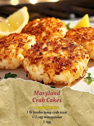 Maryland Crab Cakes Ingredients: 1 lb jumbo lump crab meat 1/2 cup mayonnaise 1 egg 1 tablespoon Dijon mustard 1 tablespoon Worcestershire sauce 1 teaspoon Old Bay seasoning 1/2 cup breadcrumbs Salt and pepper to taste 1 tablespoon fresh parsley, chopped Oil for frying Directions: Prepare Sauce. In a large bowl, mix together mayonnaise, egg, Dijon mustard, Worcestershire sauce, Old Bay seasoning, salt, pepper, and chopped parsley. Add Crab and Breadcrumbs. Gently fold in the crab meat and breadc