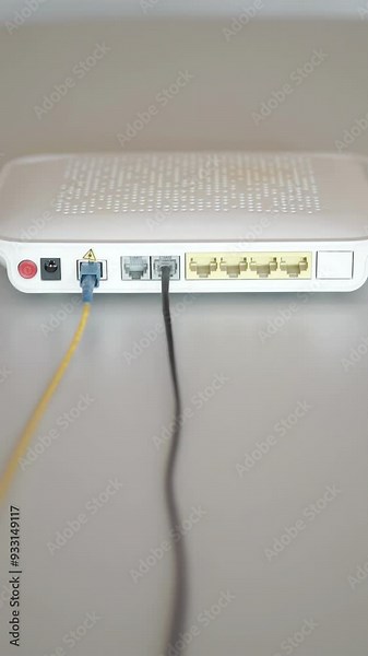 Internet connection with router. Hand plugs network cable into home router network plug. Home office network