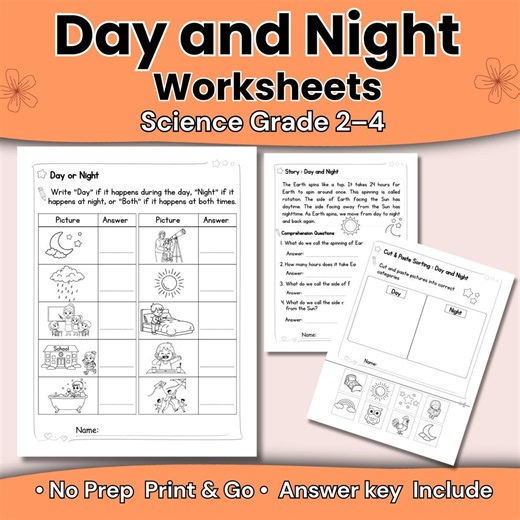 Day and Night Worksheets Printable | Earth Sun Moon Science Activities Grade 2–4 PDF - Etsy