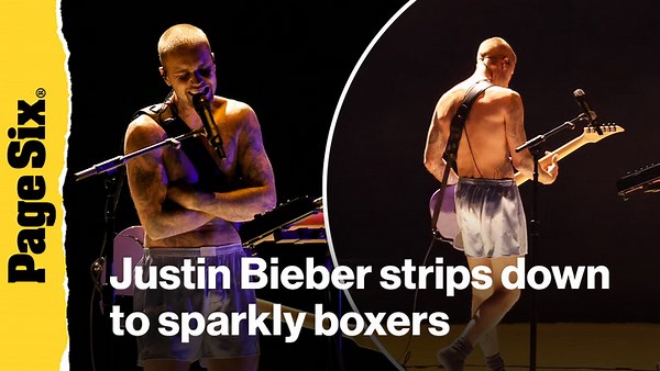 Justin Bieber strips down to sparkly boxers for Grammys 2026 performance with wife Hailey in audience