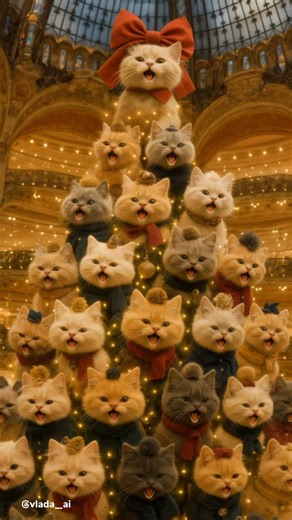 vlada__ai on Instagram: "Sending you a little Christmas miracle ✨🐾 christmas kittens, singing kittens, kitten christmas tree, galeries lafayette christmas, cute cats, festive kittens, holiday magic, cozy christmas, kitten choir, fluffy kittens, #singingcat #cutecat #catlover #funnycat #christmas"
