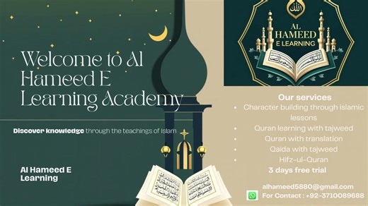 Al-Hameed E-Learning Quran Academy is an International Online Academy Offering Quran Education for Children and Adults Around the World. Three Days Trial Classes for New Students. ✅ What we are Offering: Qaida and Tajweed Classes: Learn Correct Quranic Pronunciation and Basic Arabic Reading. Hifz Quran Program: Memorize the Holy Quran with Structured, Step-by-Step Guidance. Translation & Tafsir: Understand the Meanings of the Quran with Explanations. 🎓 Teachers: Experienced Male and Female Teac