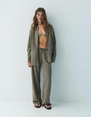 Pull&Bear linen blend set in mole brown | ASOS