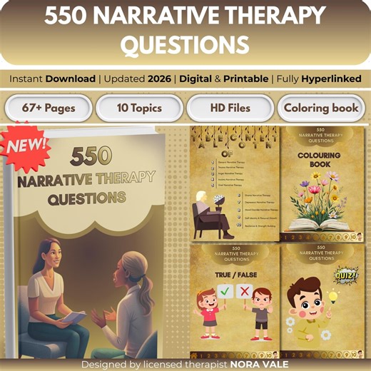 550 Narrative Therapy Questions Bundle: Workbook, Quiz, Coloring Book (Digital Download)