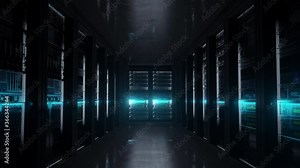 Cloud data server panels in a server room of a data center with security scanner. Dolly Shot in 4K High Quality Animation