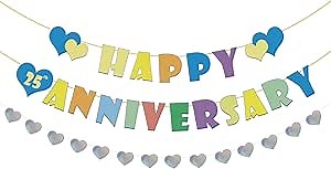 Happy 25th Anniversary Banner, 25th Anniversary Party Decorations, Happy Wedding Banner with Heart Garland, Engagement Wedding Party Decorations Supplies