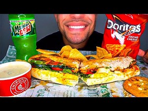 ASMR SUBWAY FOOTLONG SANDWICH CHIPOTLE CHEESE QUESO SAUCE CHIPS BIG BITES MUKBANG EATING SOUNDS