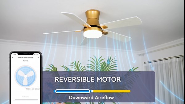 YOUKAIN Ceiling Fans with Lights, 52 inch Low Profile Ceiling fan with Remote Control and App Control, Flush Mount, Reversible, Dimmable, Gold Ceiling Fan for Bedroom, Indoor/Outdoor Use, 52-YJ865-GD