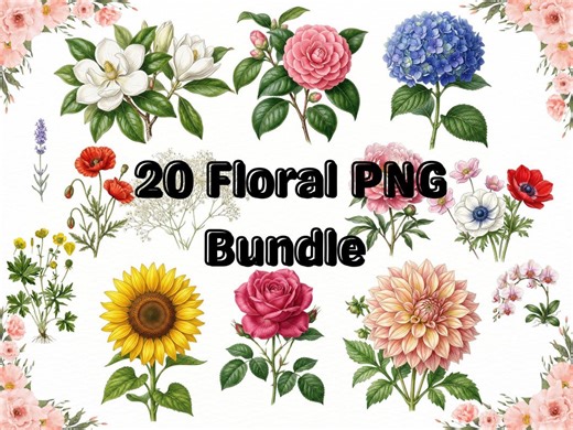 20 Floral PNG Bundle – Watercolor Flower Clipart – Boho Vintage Floral Graphics – Instant Digital Download - Etsy