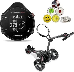 Garmin Approach G12, Clip-on Golf GPS Rangefinder Bundle with Motocaddy M1 DHC Electric Caddy, 5 Ball Markers & 1 Magnet Hat Clip (Golf Caddy Solution)
